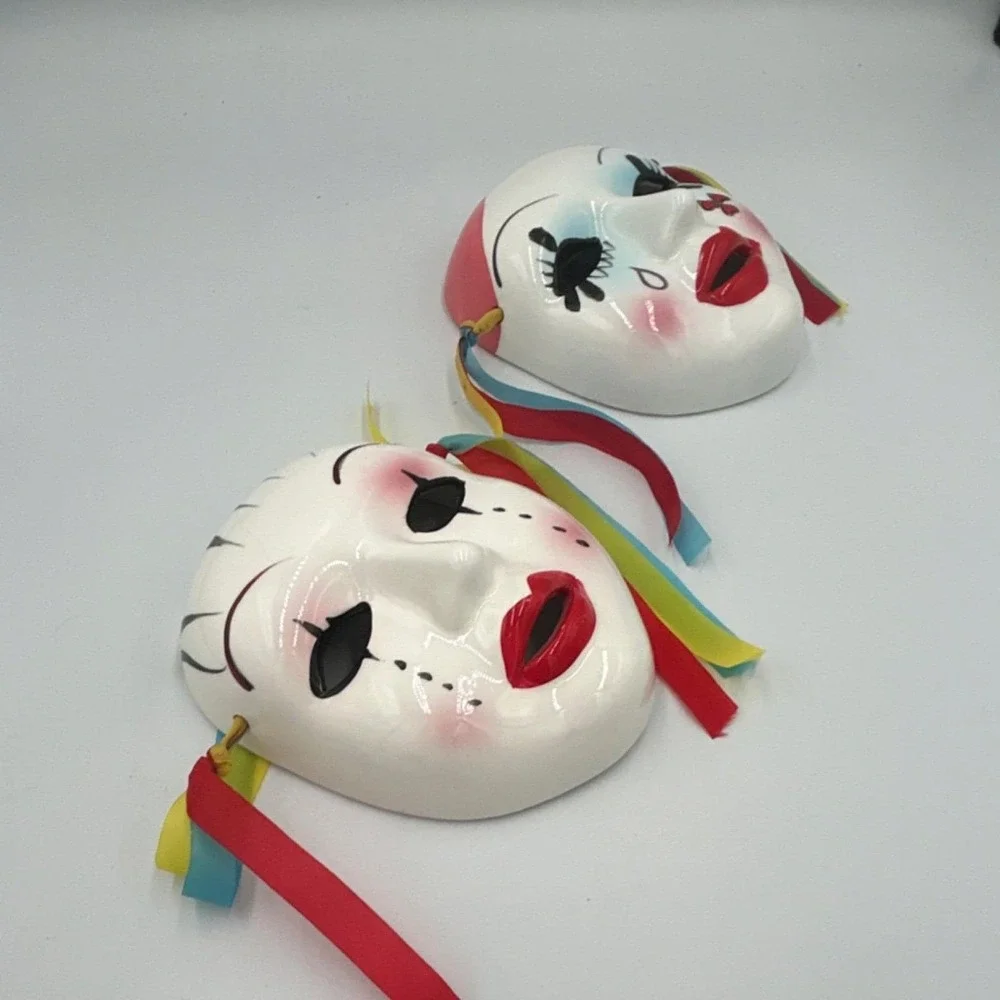 2 White Ceramic Painted carnival Face Masks wall Art